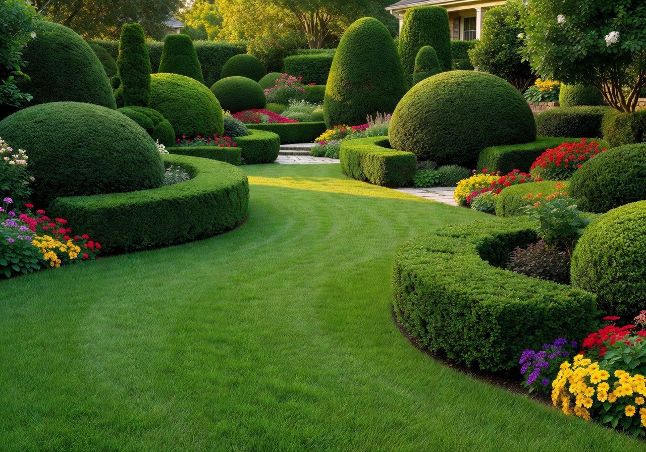 Beautifully maintained front yard garden with lush green lawn and shaped bushes