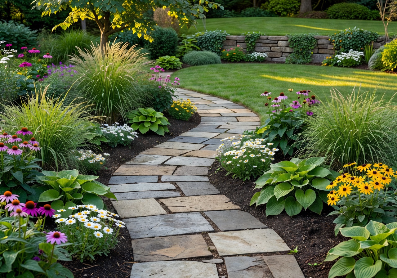 Completed backyard landscaping with stone path and fresh plants
