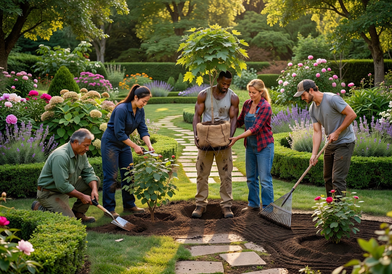 Landscaping team working together in a garden