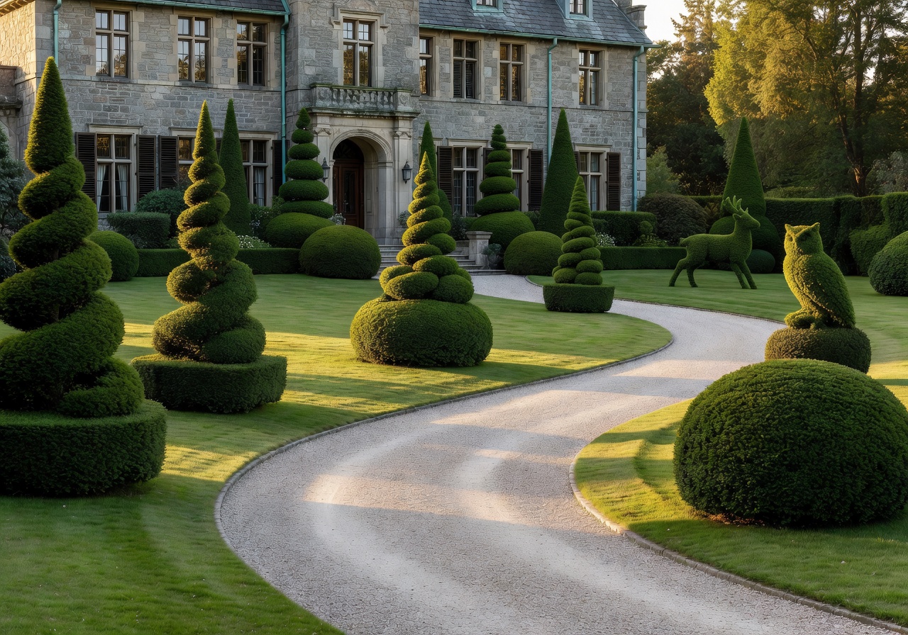 Large estate front yard with shaped bushes