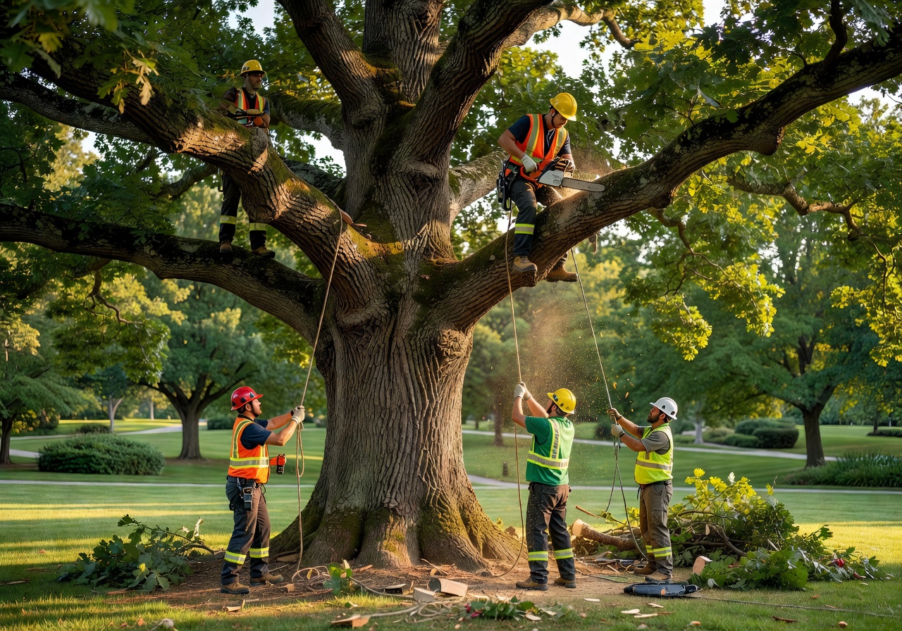 Large tree being pruned by professionals