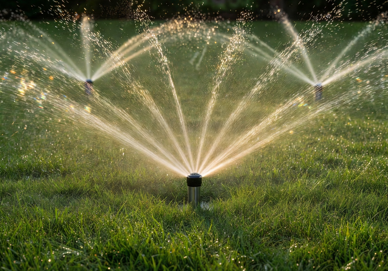 Modern sprinkler system watering a lawn