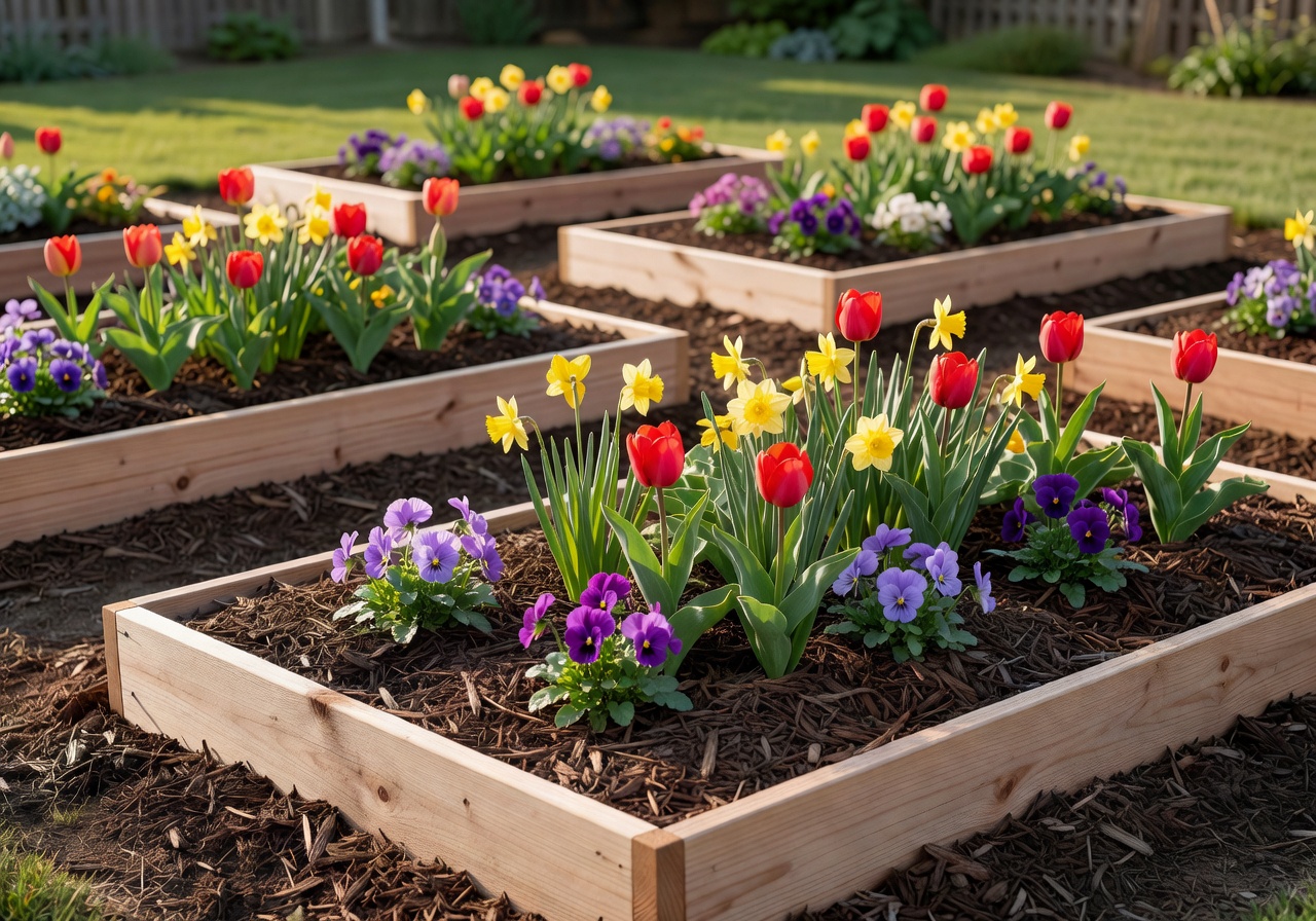 Newly installed garden beds with mulch and colorful flowers