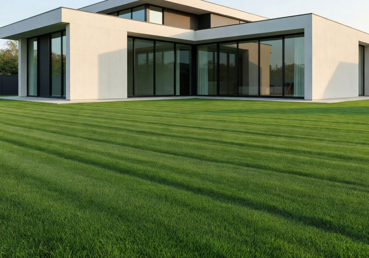 Perfectly mowed green lawn in front of a modern house